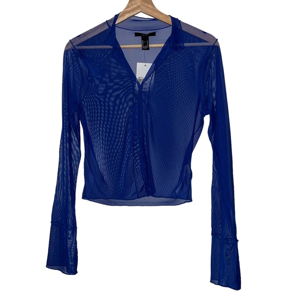 Blue mesh long sleeve top
